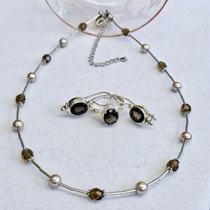 SET! 925 Silver Smoky Quartz Earrings and Ring with Lia Sophia Necklace SET!